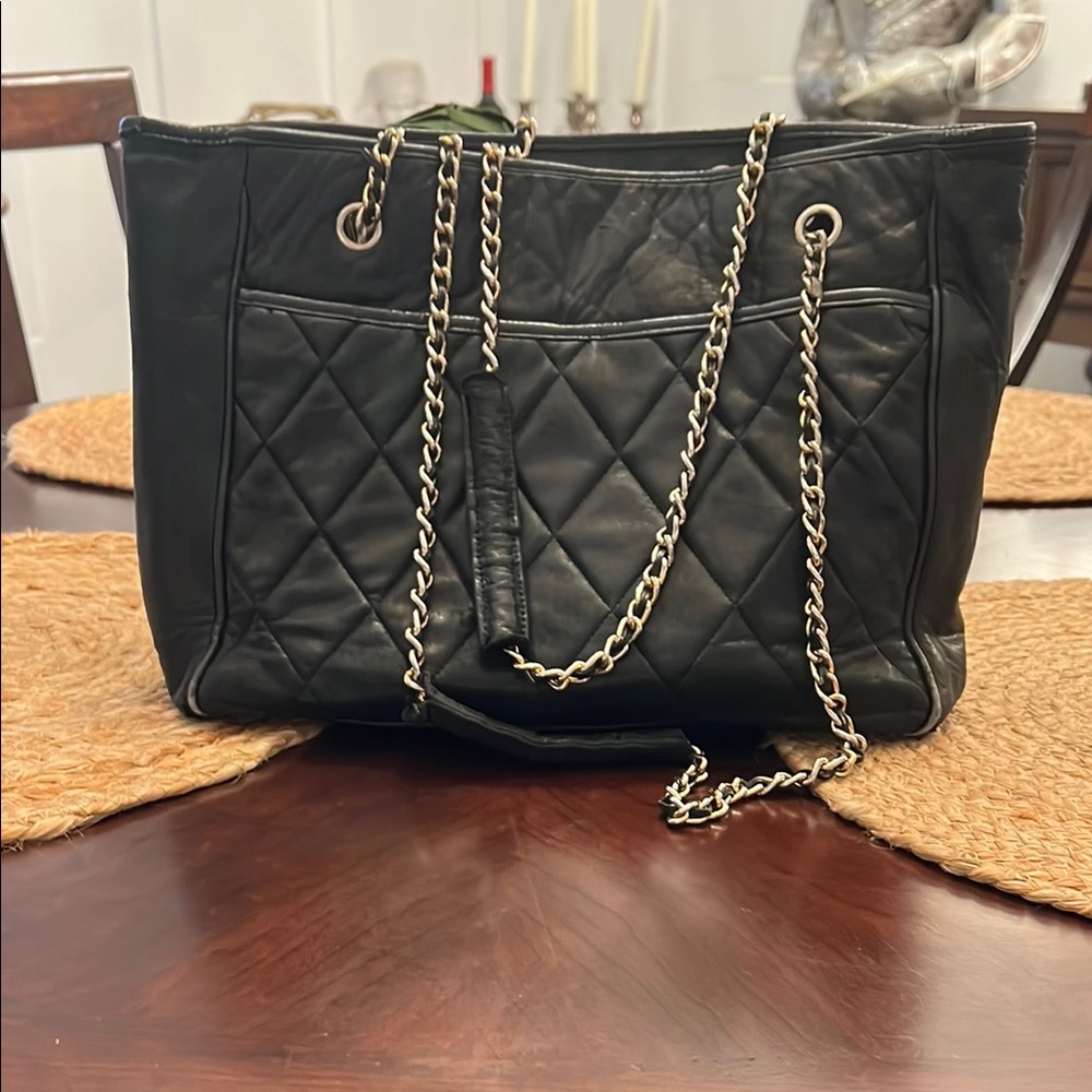 Black Quilted Chain Tote Bag